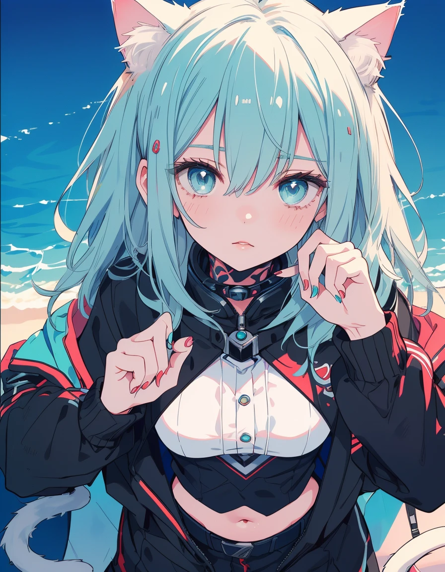 cyber punk, shaded face, jitome, midriff, tattoo, cyber clothed, ((masterpiece, best quality:1.5)), ((Beautiful detailed cat aqua eyes:1.2)), cat ears, pale skin, medium breasts, beautiful hands, beautiful fingers, EasyNegative