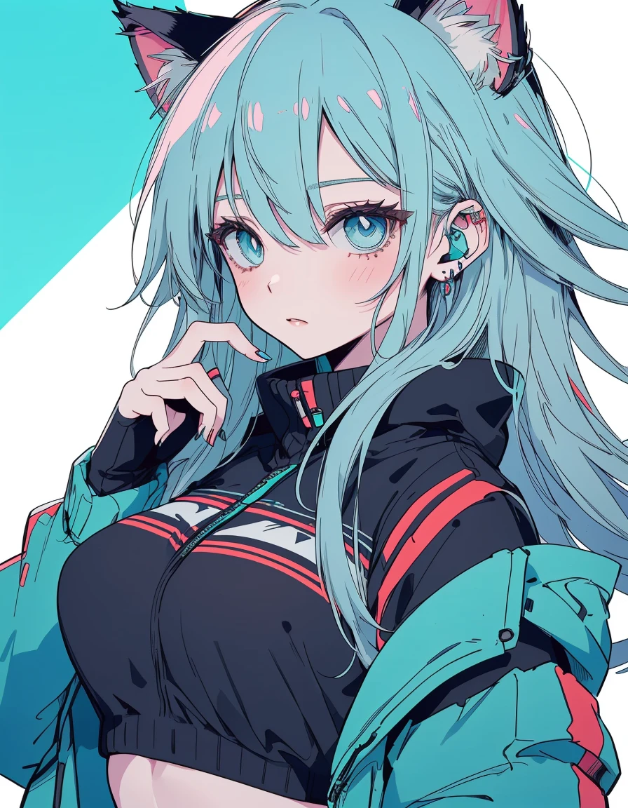 cyber punk, shaded face, jitome, midriff, tattoo, cyber clothed, ((masterpiece, best quality:1.5)), ((Beautiful detailed cat aqua eyes:1.2)), cat ears, pale skin, medium breasts, beautiful hands, beautiful fingers, EasyNegative