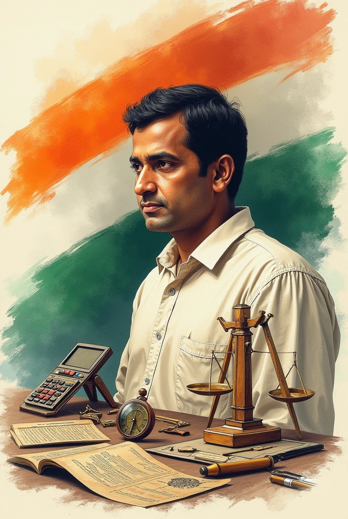 (close-up portrait of as a center of portrait indian lawyer 45 to 55 year old man with Indian flag in table) (background office, classical furniture, Indian flag in table, Indian low statue, court hammer ) (dark and moody light:1.2)
