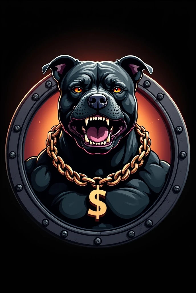 Round shield with very angry black Pitbull in 2D in a drawing with a black background and a thick chain around the neck with a dollar sign pendant 