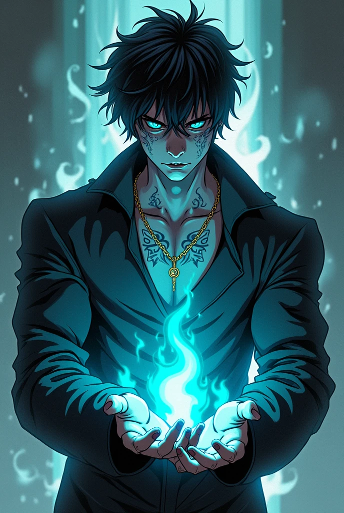 Create a manga-style drawing of a young, handsome male character with dark, slightly messy hair and sharp, intense facial features. He should have a brooding expression with narrow, piercing eyes that emit a faint, eerie glow. The character has a muscular, broad-shouldered build that gives off a strong and imposing "daddy-type" vibe.
Add dark, intricate tattoos on his face that resemble ancient, forbidden symbols, glowing faintly with a ghostly blue hue to signify his supernatural powers. These tattoos should wrap around his eyes and extend down towards his jawline, enhancing his intimidating and otherworldly appearance.
Give him a subtle ethereal aura that surrounds his body, with faint, ghostly mist or smoke swirling around his shoulders. His outfit should be dark and form-fitting, with a slightly tattered look, hinting at his undead nature. Around his wrists, faint ghostly chains should be visible, suggesting that he is bound by some ancient curse.
Incorporate ghostly flames around his hands, burning with a dim blue light, symbolizing his destructive powers. The overall color scheme should consist of dark, desaturated tones—mainly black, gray, and deep blue—with contrasting glowing elements in blue and green to highlight his supernatural traits.
The character should exude a powerful, commanding presence, blending his villainous nature with his ghostly essence, making him both terrifying and captivating.