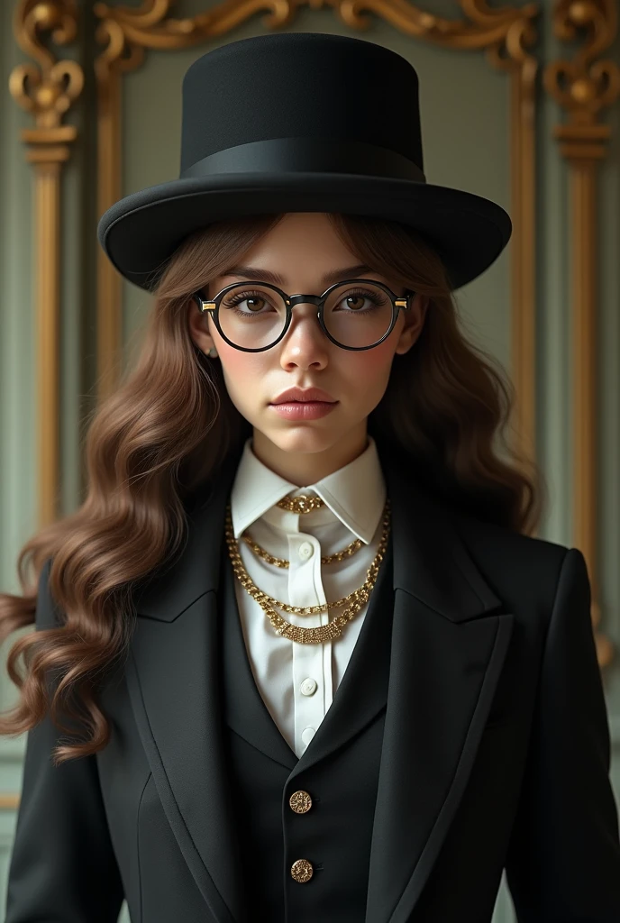 A human teenager in formal victorian suit, with cylinder hat, glasses with jewelry(small chains on the frame), smug, feminine male, long brown hair, old-fashioned background