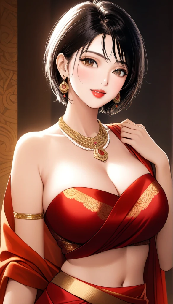 (1woman, mature, messy short hair,silk saree saree with intricate ancient patterns, long jhumka earrings, detailed alluring eyes, smooth detailed lips, beautiful face, smiling, red lipstick, navel, bangles, saggy breasts, photorealistic, 8k, hyperdetailed, vibrant colors, studio lighting, masterpiece, cinematic composition, dramatic lighting, intricate details, highly realistic skin textures, volumetric lighting, beautiful intricate jewelry, warm color palette, natural lighting, elegant pose, beautiful detailed expression, hyper realistic rendering, seamless blending, flawless skin, glowing skin, delicate features, breathtaking realism, striking composition),tall , necklace, bangles ,navel,full body view