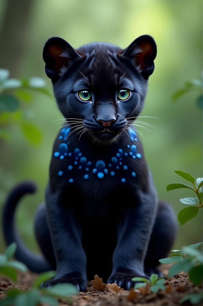 panther cub, with dark blue collar, and dark blue spots