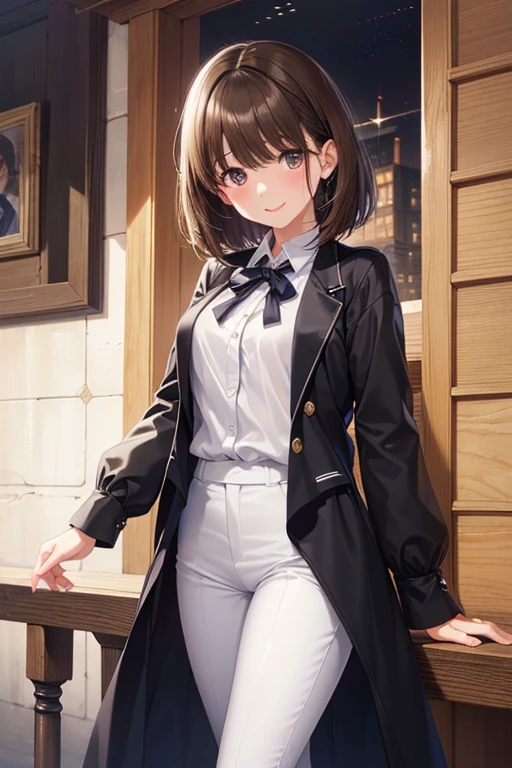 anegasaki nene、Shiny brown hair, short hair, (Beautiful brown eyes、Sparkling eyes, Fine grain)、smile、超Detailed eyes、Highly detailed face, 非常にDetailed eyes,
(masterpiece, 最high quality, High resolution, 超High resolution, Pixel perfect, Depth of written boundary, 4K, RTTX 10.0, High resolution))),
(high quality, High resolution, The finer details), break (Black long coat),
break (White shirt, White pants), Stylish decorations, alone, Sparkling eyes,
(Detailed eyes:1.2), smile, blush, Sweat, Oily skin, Depth of written boundaryが浅い