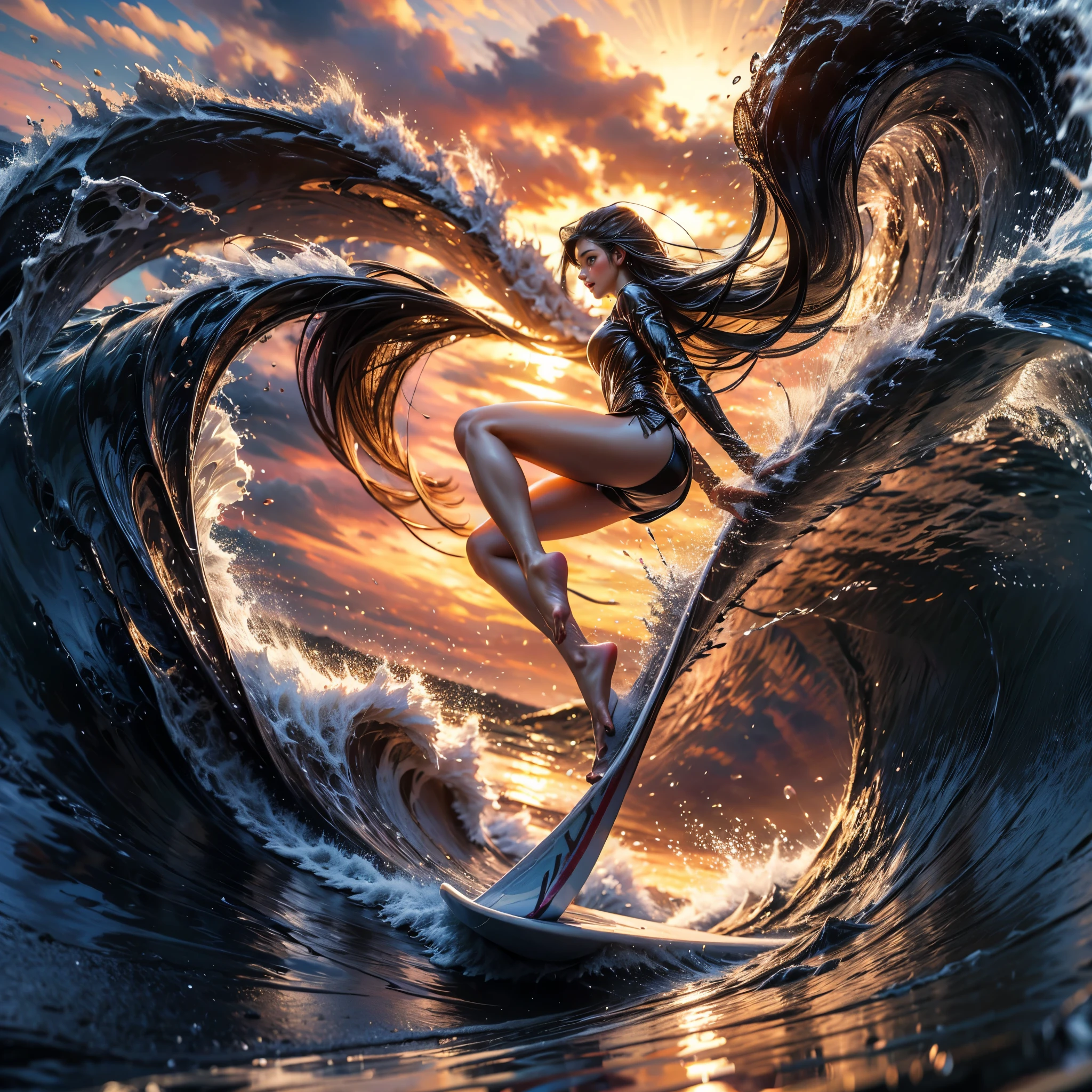 (Luminism:1.28), Side view, TopQuality 8K Masterpiece (ProfessionalPHOTO:1.37) Extremely Detailed (A girl Balancing on a Life Size surfboard), Colorful morning Glory Rays, (There is Only one surfboard under her feet:1.32) Sparkling Waves Splashing water Particles, Glowing Wet Hair, hourglass body type, Dynamic motion blur, Perfect Hand, (Surfing Photos:1.4) 