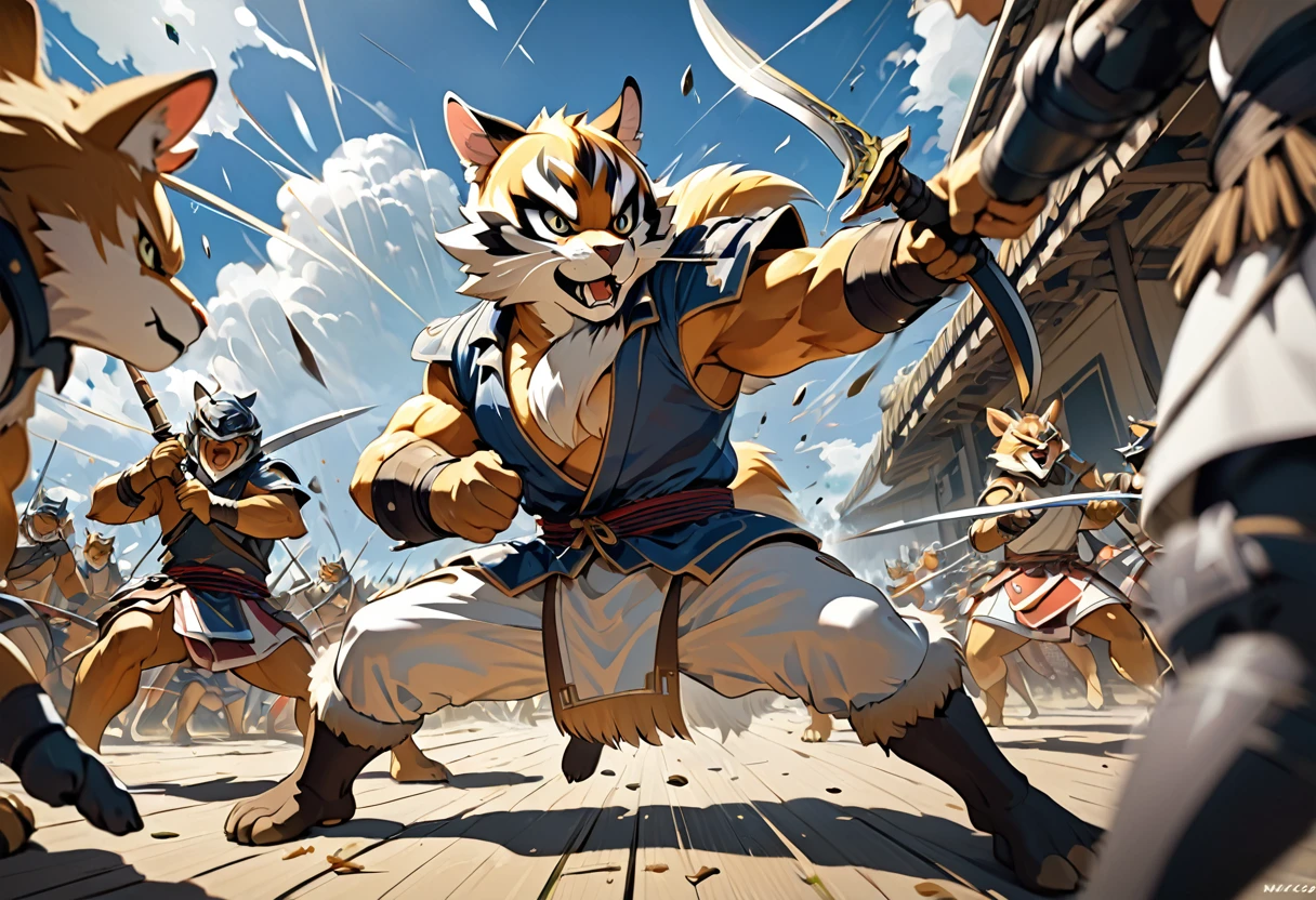 top quality, high-quality illustrations((masterpiece))depth of field, motion blur, absurdres, Perfect Anatomy, magnificent picture of kemono fighting fierce battles, kemono, 1boy, solo focus, Anthro((dramatic))epic, weapon, dynamic pose, One scene of movie,