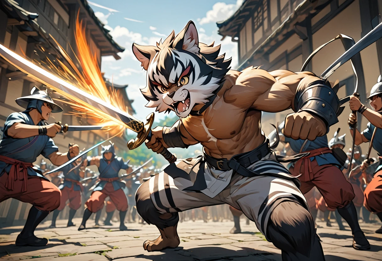 top quality, high-quality illustrations((masterpiece))depth of field, motion blur, absurdres, Perfect Anatomy, magnificent picture of kemono fighting fierce battles, kemono, 1boy, solo focus, Anthro((dramatic))epic, weapon, dynamic pose, One scene of movie,