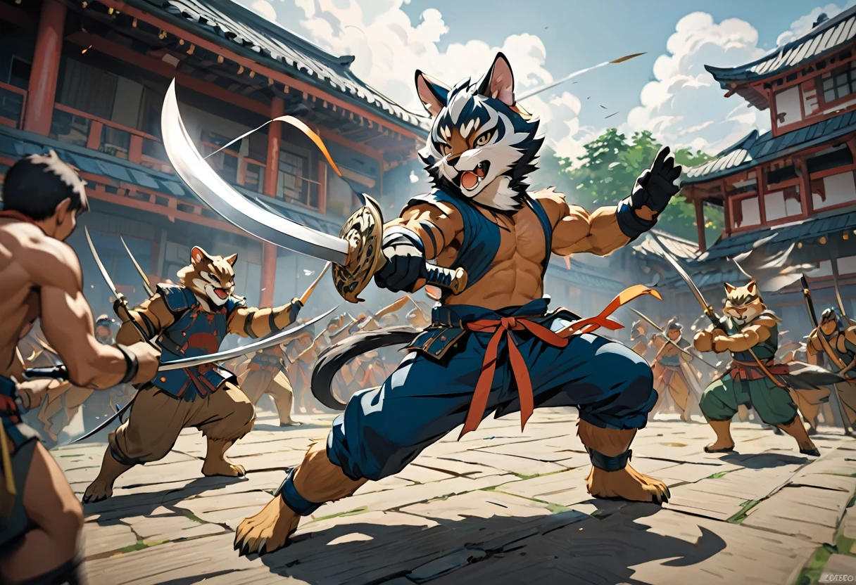 top quality, high-quality illustrations((masterpiece))depth of field, motion blur, absurdres, Perfect Anatomy, magnificent picture of kemono fighting fierce battles, kemono, 1boy, solo focus, Anthro((dramatic))epic, weapon, dynamic pose, One scene of movie,