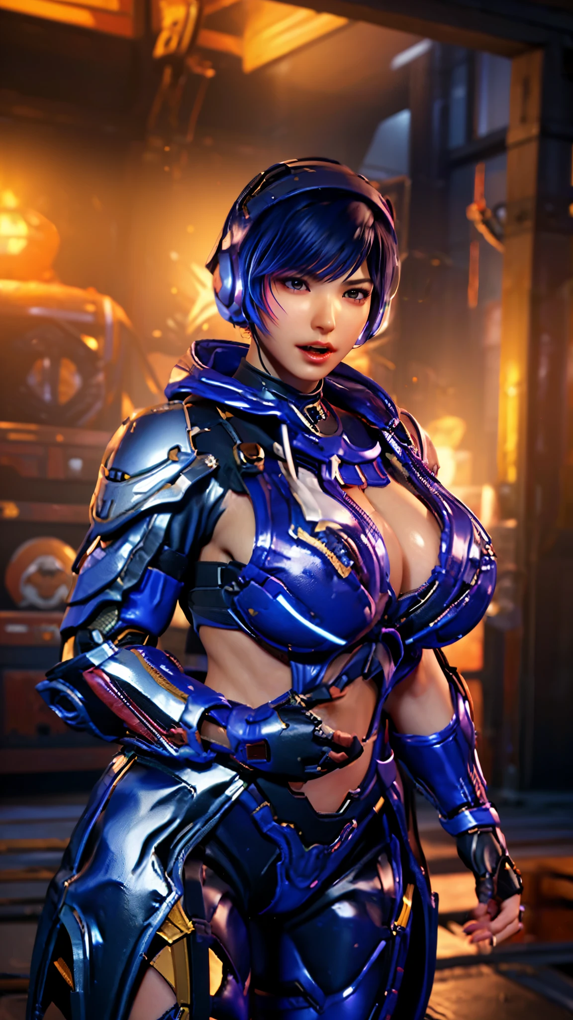 vonnyfelicia, CLOSE UP UPPER BODY,solo, COWBOY SHOT PORTRAIT, perfect fingers, ((HEADSET GAMING HEADPHONE, MULTIPLE COLOR SHORT HAIR:1.4)), (GIGANTIC ROUND BREASTS, K-CUP SIZE BREASTS, SQUEEZE CLEAVAGE TOP, 11 LINE ABS:1.5), (TIGHT BLUE FUTURISTIC HUMANOID MECHA OVERWATCH ARMOR:1.5), (MUSCULAR BODY SHAPE:1.5), (CLEAN GLOSSY BODYSKIN:1.5), (LOOKING AT VIEWER:1.6), (BACKGROUND FUTURISTIC SPACE STATION:1), (Photorealsitic:1.5), (Ultra-detail), (TOP-QUALITY), (BEST SHADOWS), BRIGHT LIGHT IN ROOM, HYPER TEXTURE, (4X MSAA), ((UNREAL ENGINE 5 RENDER)), (NEON), PHYSICALLY-BASED RENDERING, ULTRA HIGHT DEFINITION, 16K, 1080P.