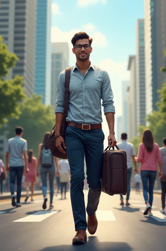 A 20-year-old Indian man walking to the office, wearing glasses and carrying a bag. He has a slim build, short black hair, and is dressed in smart casual attire suitable for a professional environment. His shirt is neatly tucked into his trousers, and he is wearing polished shoes. The background shows a bustling city street, with office buildings and people in the background, capturing the energy of a typical morning in an urban setting."