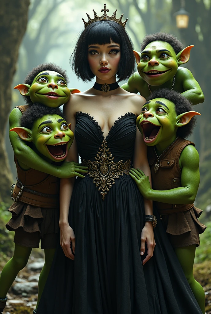 A princess in a black dress and short hair, using dark makeup. Along with three fun age ogres