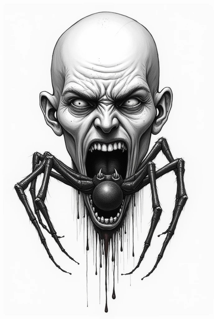 A bloody androgynous human head that transforms into a spider that is coming out of its mouth in a surreal style in black and white without color and facing the camera.. The style inspired by Junji Ito. sketch