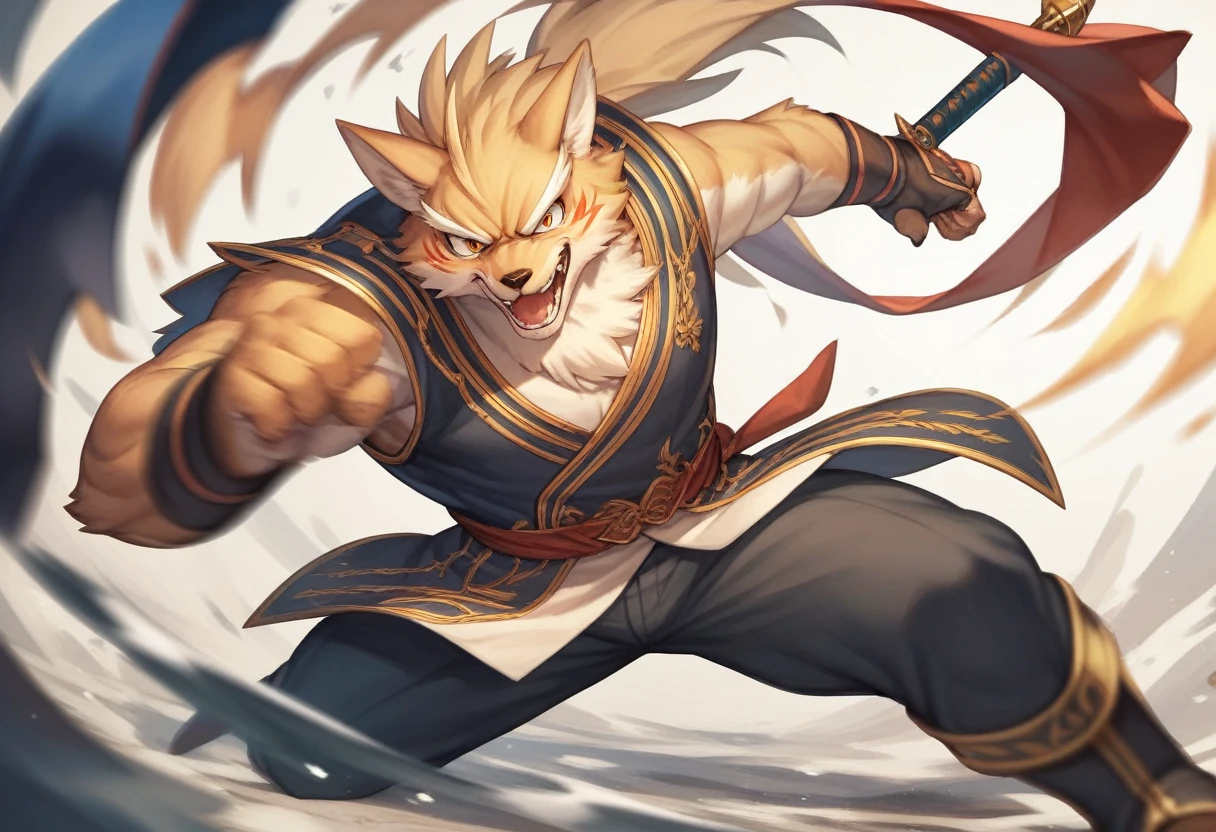 top quality, high-quality illustrations((masterpiece))depth of field, motion blur, absurdres, Perfect Anatomy, magnificent picture of kemono fighting fierce battles, kemono, 1boy, solo focus, Anthro((dramatic))epic, weapon, dynamic pose, One scene of movie,