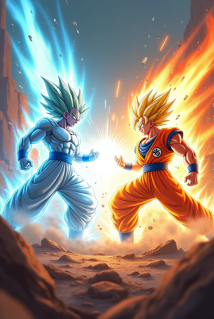 Goku Ui using the kamehameha against Vegeta Ultra ego using the Galick gun