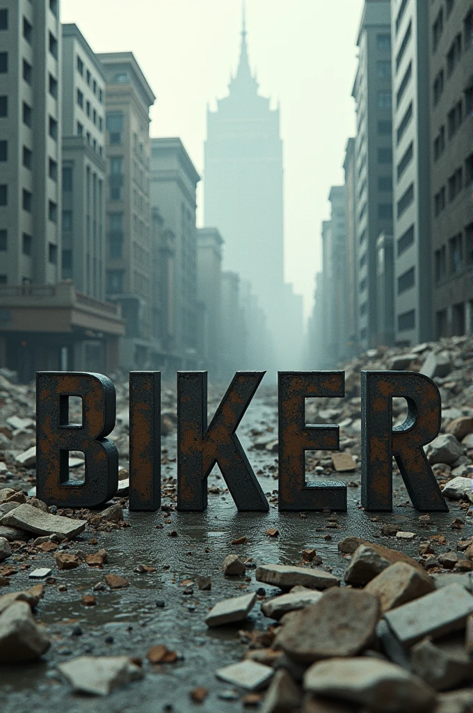 Create me a realistic image of a destroyed city with some 3d letters on the ground that say ROLLING BIKER 