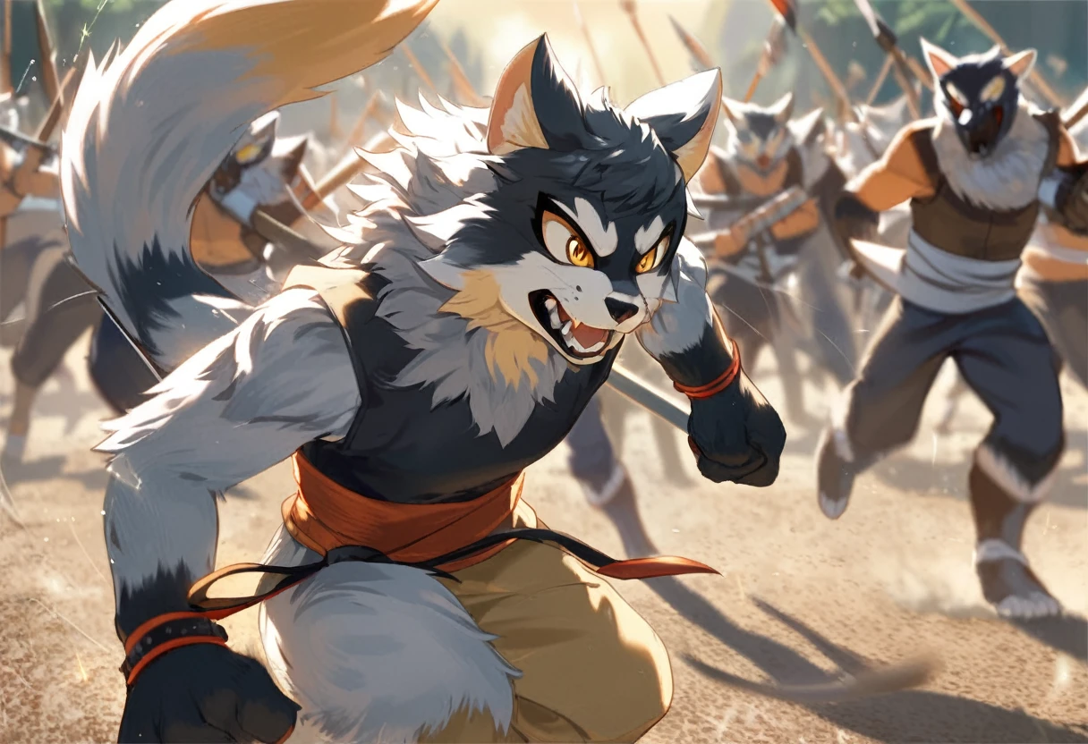 top quality, high-quality illustrations((masterpiece))depth of field, motion blur, absurdres, Perfect Anatomy, magnificent picture of kemono fighting fierce battles, kemono, 1boy, solo focus, Anthro((dramatic))epic, weapon, dynamic pose, One scene of movie,