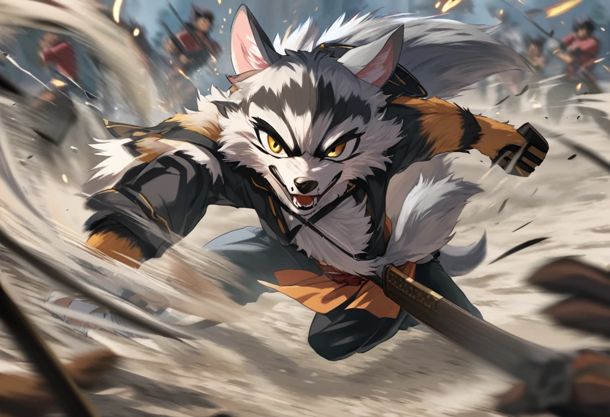 top quality, high-quality illustrations((masterpiece))depth of field, motion blur, absurdres, Perfect Anatomy, magnificent picture of kemono fighting fierce battles, kemono, 1boy, solo focus, Anthro((dramatic))epic, weapon, dynamic pose, One scene of movie,
