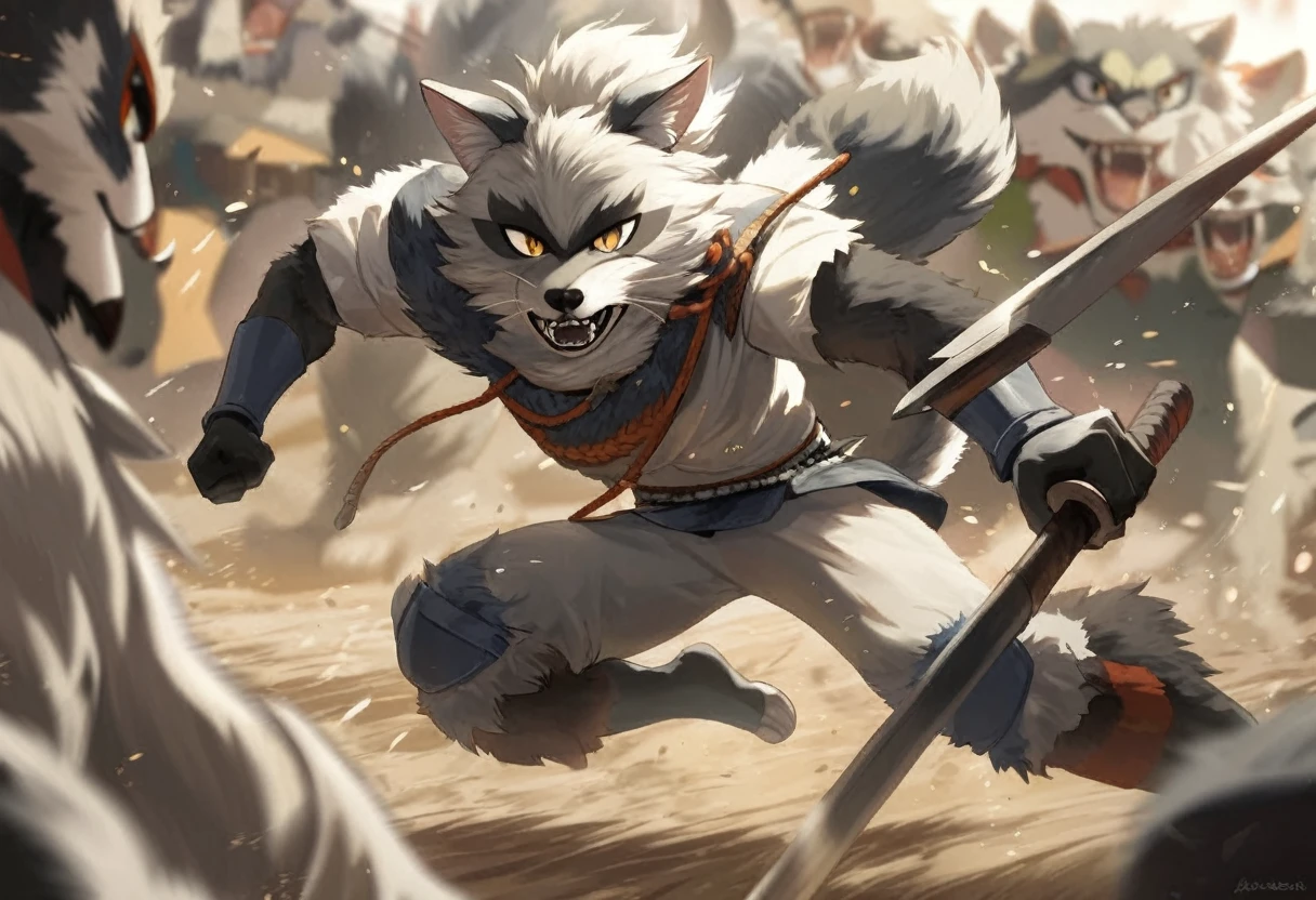 top quality, high-quality illustrations((masterpiece))depth of field, motion blur, absurdres, Perfect ???????, magnificent picture of kemono fighting fierce battles, kemono, 1boy, solo focus, Anthro((dramatic))epic, weapon, dynamic pose, One scene of movie,