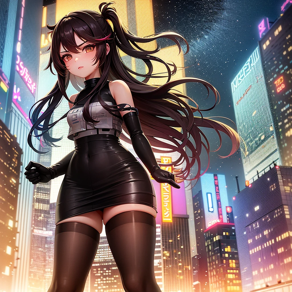 extremely tall (15 meters) anime-style giantess girl stands on the main road of the city, legs in different directions, hands on her stomach, the road is wet after rain, the giantess's gaze is directed downwards, the giantess looks a little to the left of the camera, the giantess is wearing high shoes, rainbow socks, high quality, camera view from bottom to top, camera in front of the giantess, beautiful face, condescending look, excellent quality,  Blurred Background