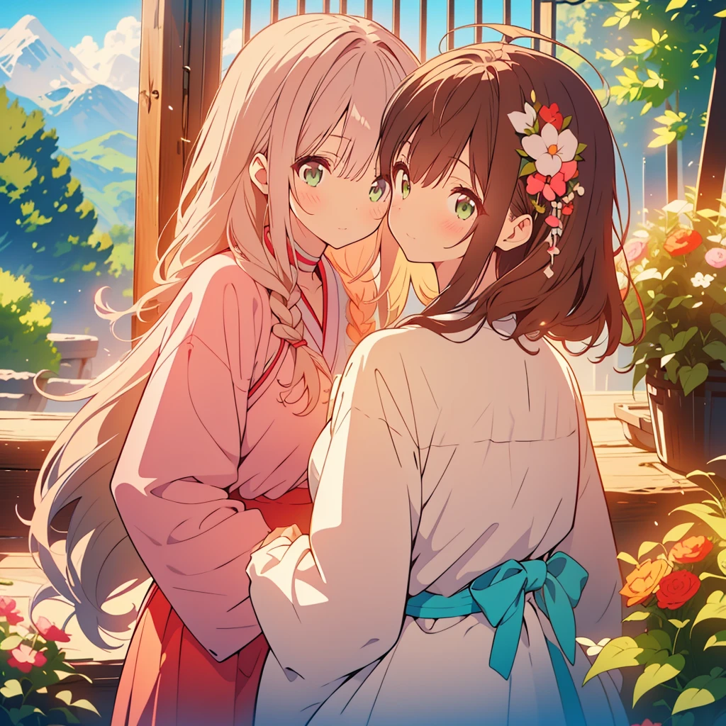kawaii, anime, Cute, hyper quality, highly detailed, 8k, Clarity, Draw facial expressions in detail, A young girl with short light pink hair and scarlet eyes., swiss plateau, alps mountains, rainbow, daytime, clear sky, Girl with long dark brown hair and green eyes, good friends, marriage, smile, (Let me stay by your side for the rest of my life, stay by my side for the rest of my life, and do my best to never leave you), confession, hoodie, kiss,