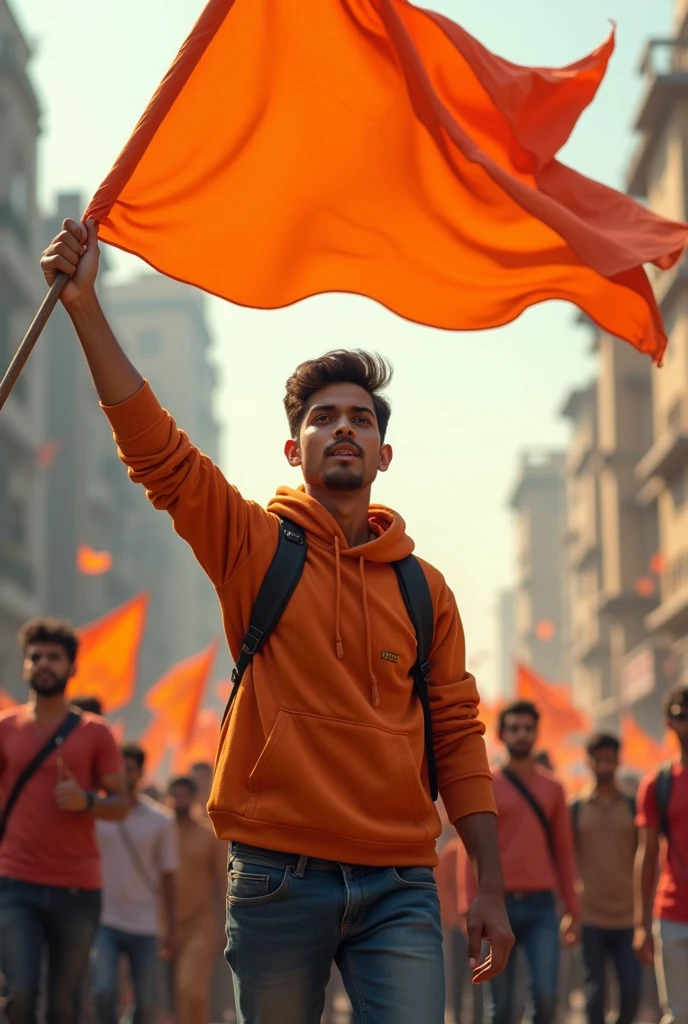 Singal young  man Protesting with the Hindu saffron-colour flag