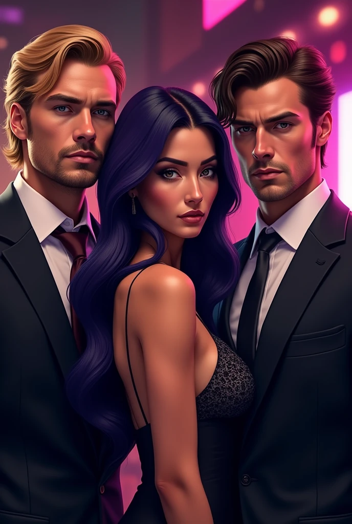 Handsome blond man, man with beautiful brown hair, asian woman with beautiful long purple hair, gta, 3 people, SOCIAL CLOTHES, beautiful, mobsters, Italian Mafia