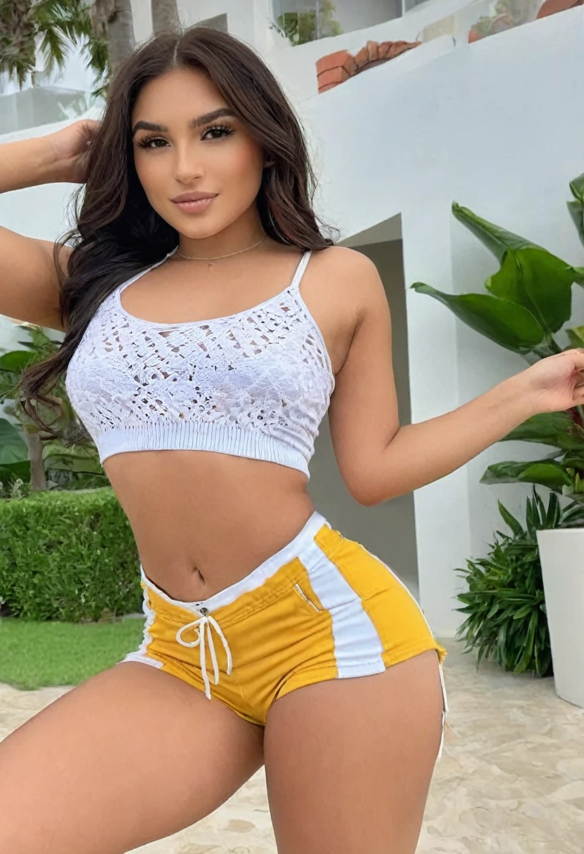 ((high quality:1.2)), (8k), extremely detailed, ((High detail:1.2)), ((best resolution:1.4)), (HotLexi woman), Solo, 24 year old Colombian female, (crop top, mini-shorts), ((extremely beautiful and perfect face:1.4)),