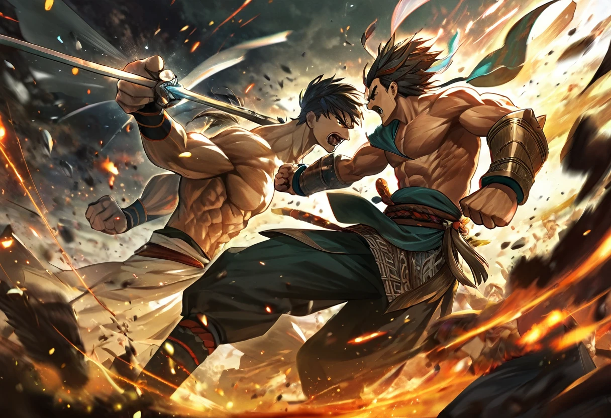 top quality, high-quality illustrations((masterpiece))depth of field, motion blur, absurdres, Perfect Anatomy, magnificent picture of kemono fighting fierce battles, kemono, 1boy, solo focus, Anthro((dramatic))epic, weapon, dynamic pose, One scene of movie,