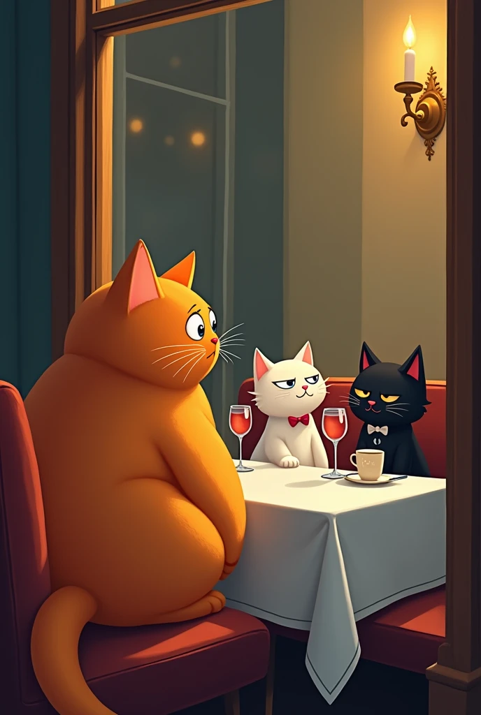 Big fat orange cat finds white beautiful cat on a date with a black cat in a restaurant through the window