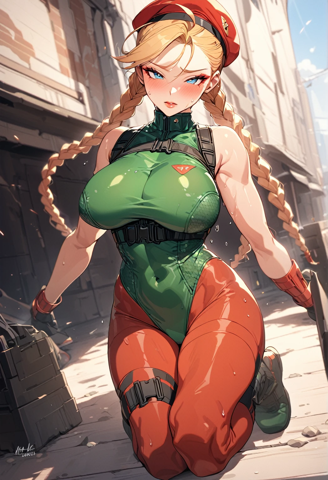 masterpiece,best quality,extreme detail,8k,cammyfn, 1girl, solo, long hair, breasts, blue eyes, blonde hair, large breasts, gloves, red hat, braid, ahoge, twin braids, leotard, lips, makeup, beret, scar, antenna hair, nose, harness, huge ahoge, green leotard,sleeveless, sweaty,sweat, exhausted,sleeveless,cross eye, full body
