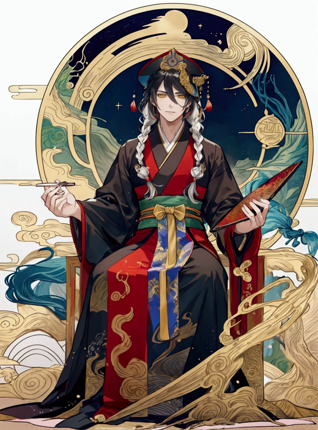 (Masterpiece), ((Highest Quality)),(Official Art),mystical beauty:1.2),(1 solo anime man: 1.3). A beautiful wise scholar with one long braid, black hair, yellow eyes, clad in red and golden hanfu, a manchu hat, sly grin, and holds an intricate hand fan. On the background is a large Chinese dragon and magical void swirls. Full body. Detailed picture. Detailed eyes. Masculine jaws. Soft fairytale picture Arthur Rackham-style. Colorful, best detailed ((super detailed)), (highly detailed 2D anime man illustration), ((mystical and beautiful))