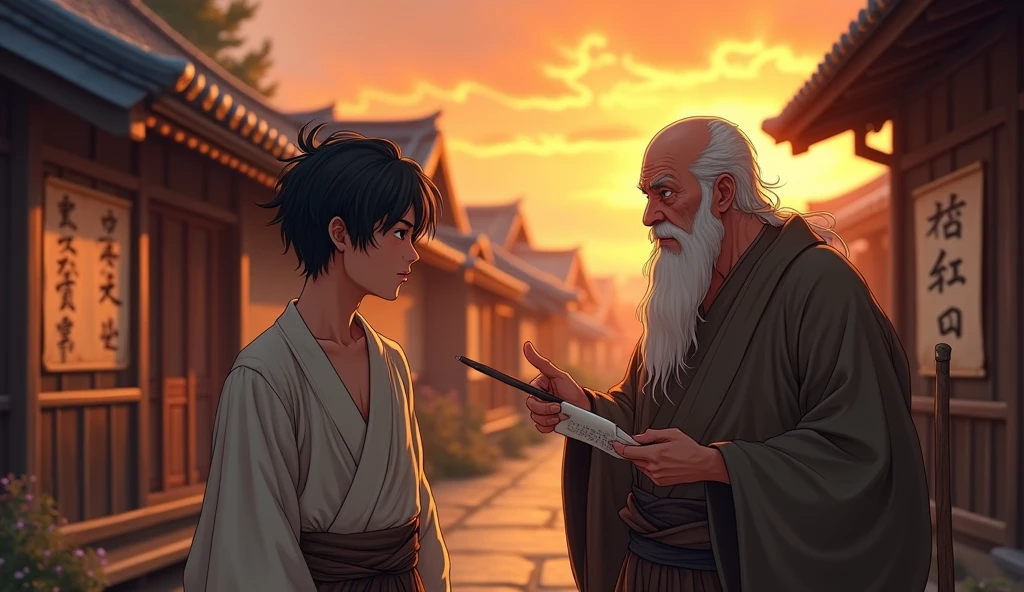 ((best quality)), A traditional Japanese village with wooden houses, at sunset. Shin, a young man with messy black hair and simple apprentice clothes, listens attentively to the sage, an old man with a staff and a long white beard, while pointing to an ancient scroll.
