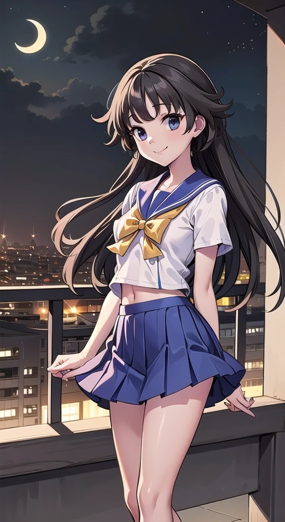  (Masterpiece:1.3),Best quality, high resolution,8k,Black hair,llong hair,sailor collar with a white stripe, yellow bow, blue pleated skirt,school_uniform, purple school uniform,short_sleeves,best smile, beautiful scenery, mini_skirt,Balcony, skirt that rolls up, smartphone,(night),moon,Crescent moon, beautiful scenery, incredible views,summer,navel 