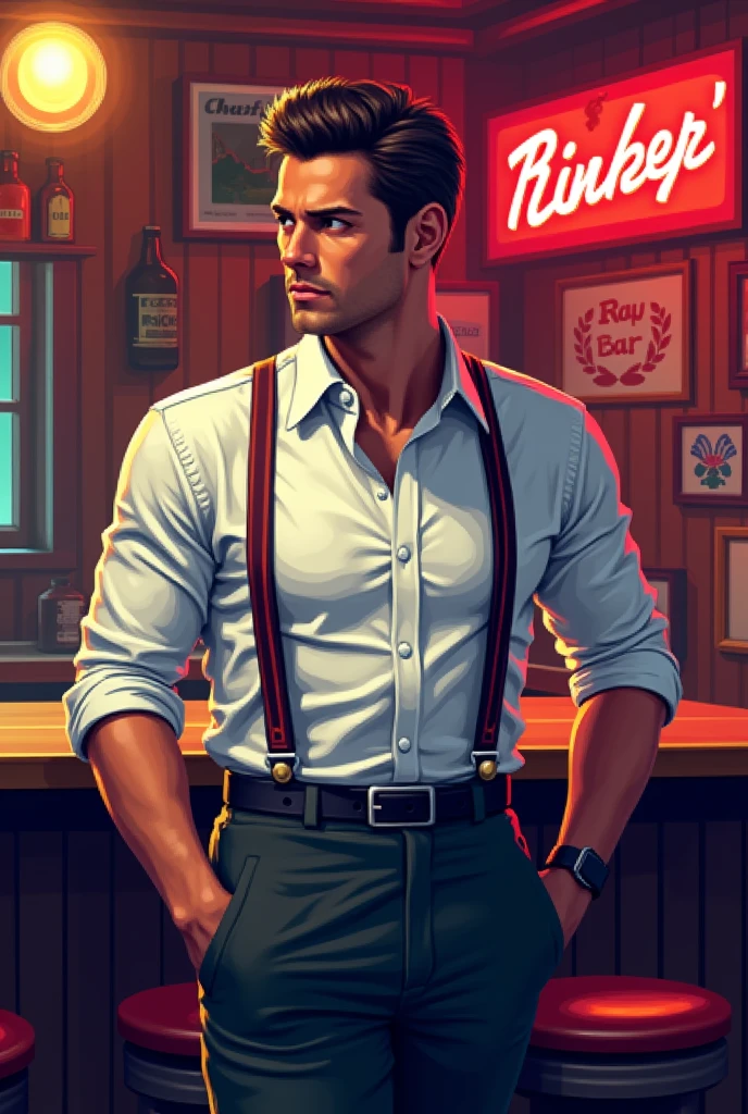 Generate me a man with a white shirt with suspenders in a 50s bar and the image style is 8-bit style, we put red and fire 