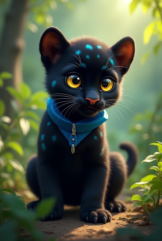 panther cub, with dark blue collar, and dark blue spots