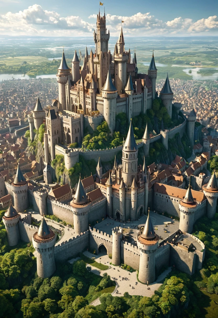a scene of a giant city within a kingdom with a large castle in the center with tall, bronze-colored towers
