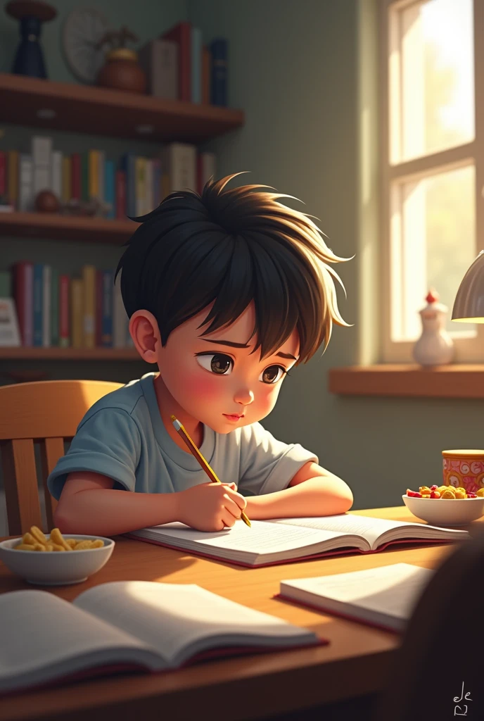 A child, study, with 2 school dishes