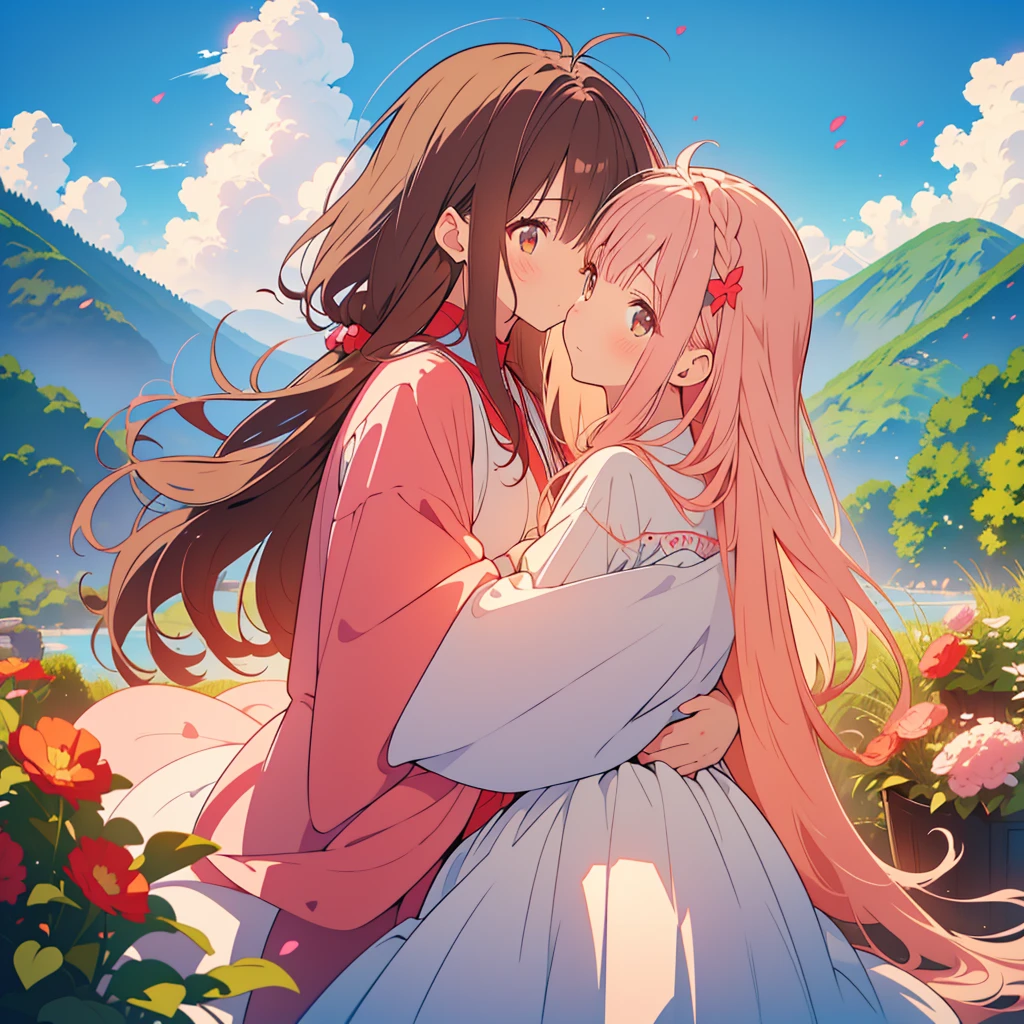kawaii, anime, Cute, hyper quality, highly detailed, 8k, Clarity, Draw facial expressions in detail, A young girl with short light pink hair and scarlet eyes., swiss plateau, alps mountains, rainbow, daytime, clear sky, Girl with long dark brown hair and green eyes, good friends, marriage, smile, (Let me stay by your side for the rest of my life, stay by my side for the rest of my life, and do my best to never leave you), confession, hoodie, kiss,
