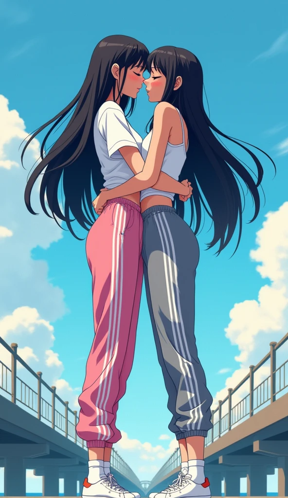 Two girls long black hairs, yuri, (The first girl wear a pink adidas pants) and (The second girl wore a grey adidas pants), white socks, white sneakers, french kiss, lesbian kiss, hugging, sensual body, closed eyes, blue sky, long bridge, novel cartoon, 4K, HD