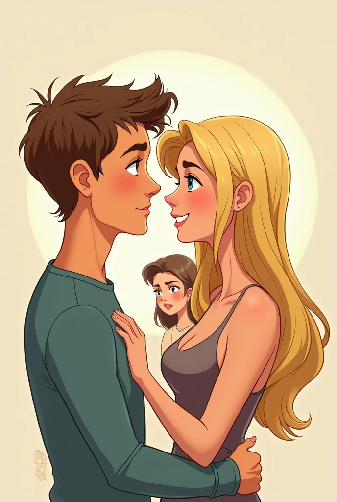 Create a Disney-style drawing with three people.
a straight couple, the couple is blonde and a sad brunette girl in the background because the guy is leaving with another..