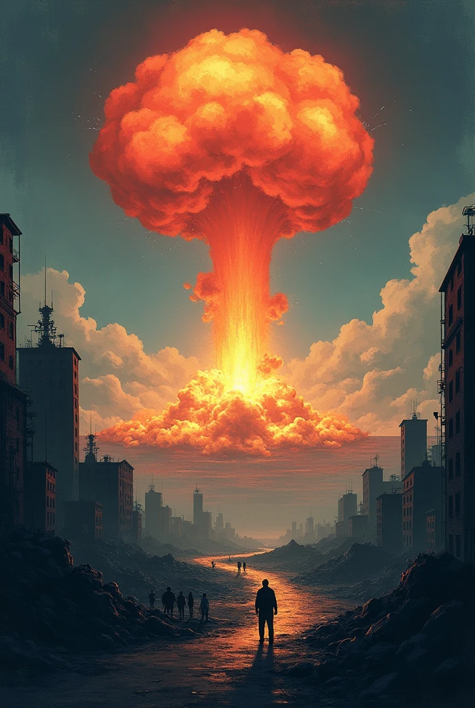 Generate an Poster landscape design on "Neuclear weapon are disaster on earth" simple, drawable for . Show some bomb drops, explosion and destruction and poverty