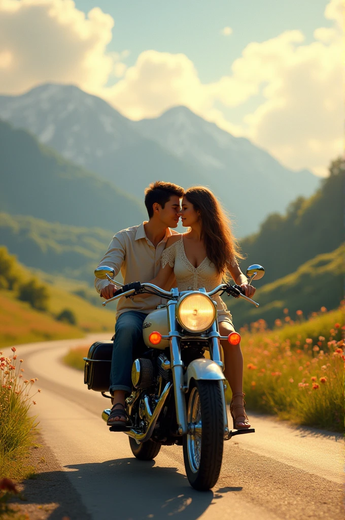 Romantic couple sit on bike