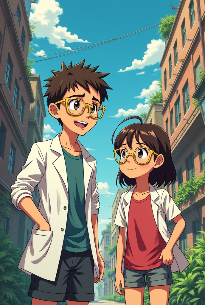A manga image of a 1 year old Brazilian woman,54 cm tall, golden glasses with brown, short hair a little above the shoulders, brown in color, in a setting from the anime dr. Stone ao lado do Senku