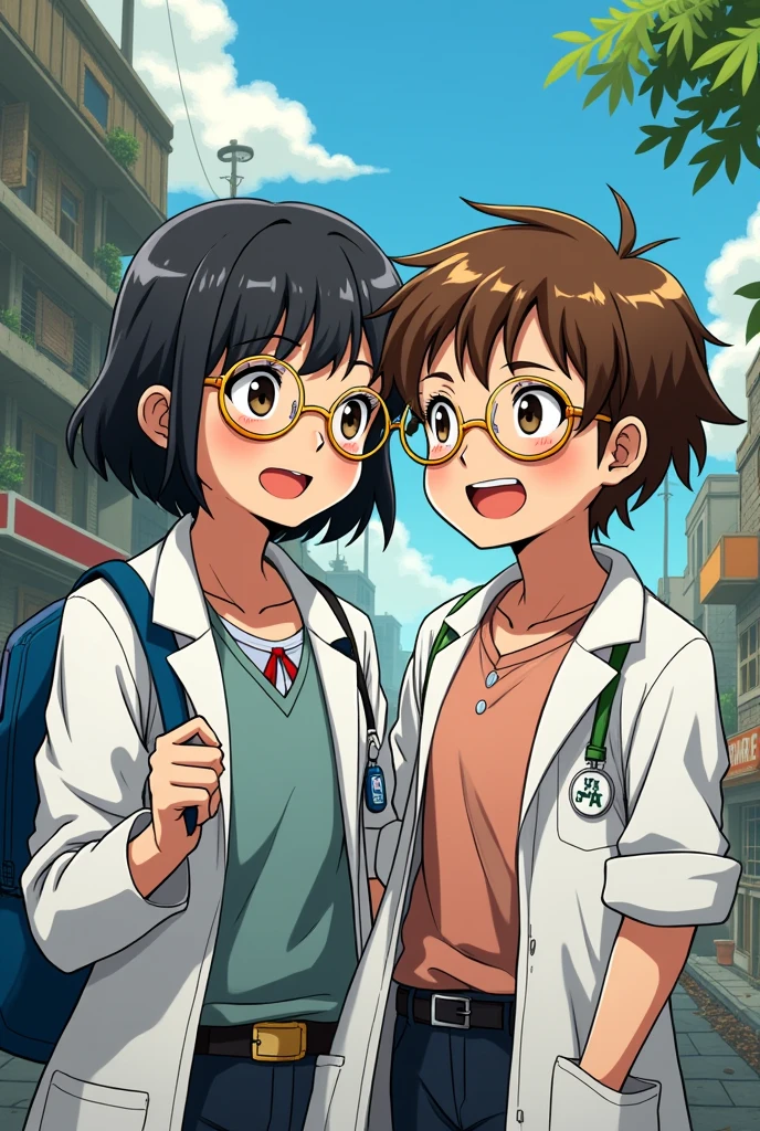 A manga image of a 1 year old Brazilian woman,54 cm tall, golden glasses with brown, short hair a little above the shoulders, brown in color, in a setting from the anime dr. Stone ao lado do Senku