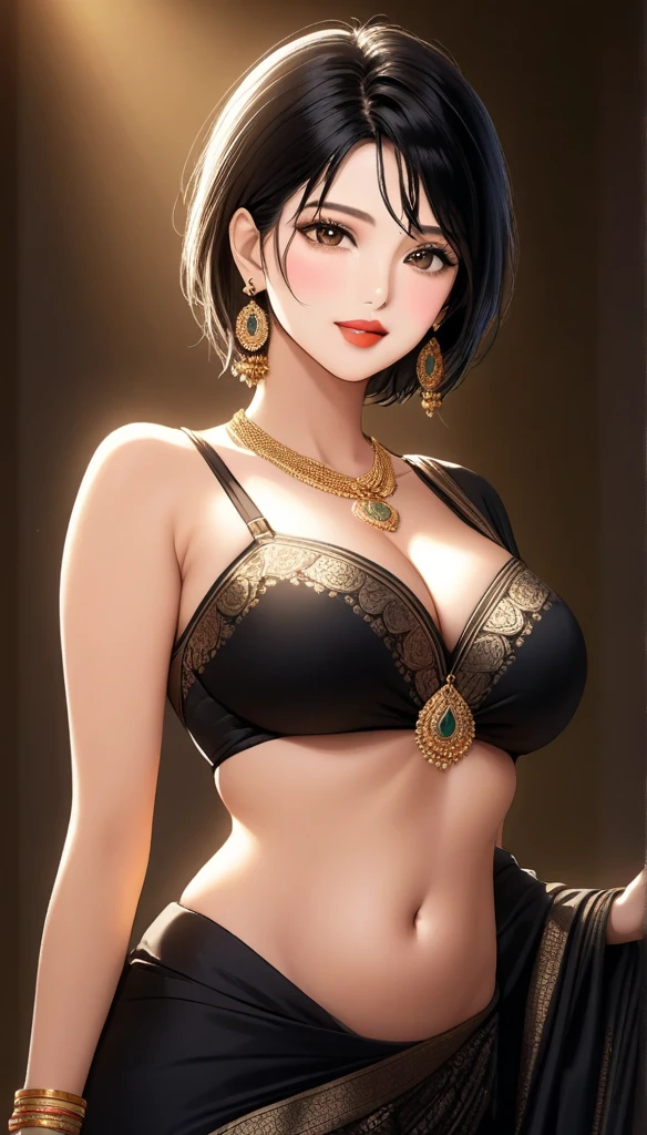 (1woman, , messy short black hair,silk black saree saree with intricate ancient patterns, black long jhumka earrings, detailed alluring eyes, smooth detailed lips, beautiful face, smiling, red lipstick, navel, bangles, saggy breastorealistic, 8k, hyperdetailed, vibrant colors, studio lighting, masterpiece, cinematic composition, dramatic lighting, intricate details, highly realistic skin textures, volumetric lighting, beautiful intricate jewelry, warm color palette, natural lighting, elegant pose, beautiful detailed expression, hyper realistic rendering, seamless blending, flawless skin, glowing skin, delicate features, breathtaking realism, striking composition),tall , necklace, bangles ,navel,full body view