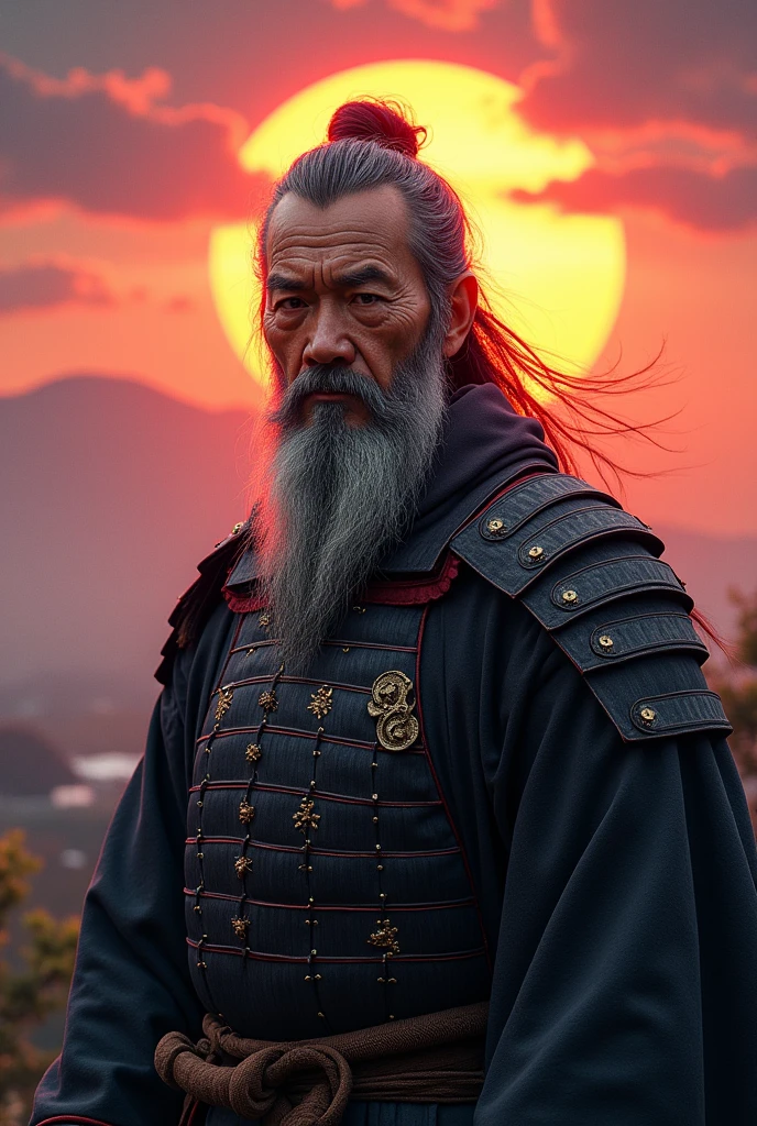 Pickle man, wise old man face, samurai costume, realist, sunset, musashi.