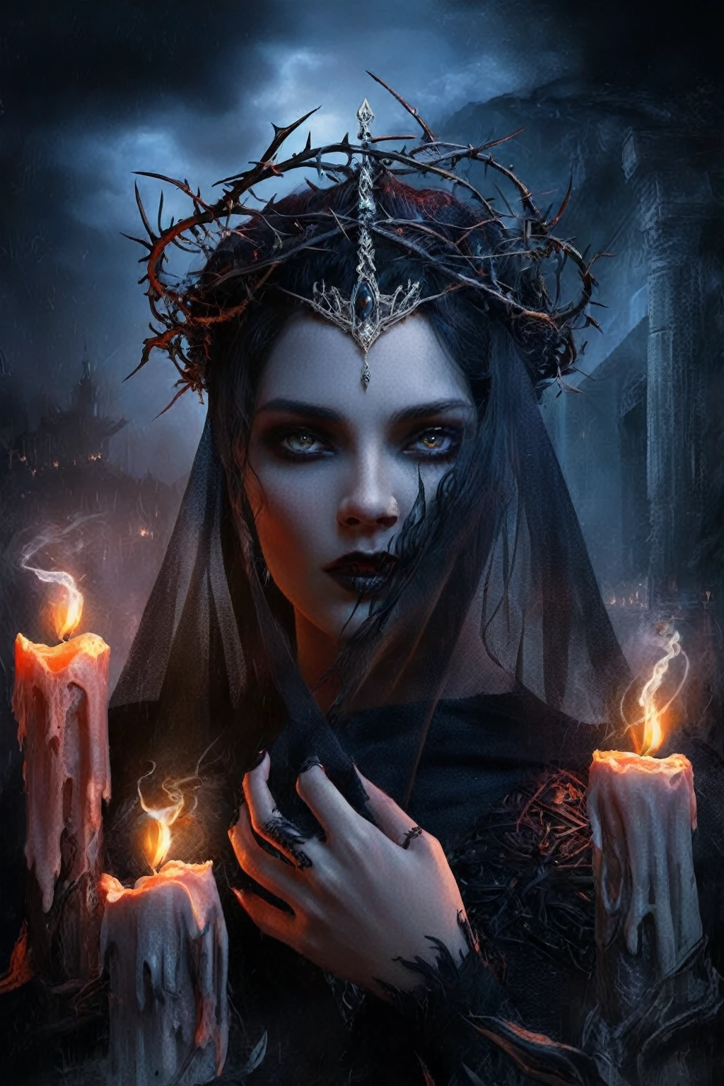 a woman with a crown of thorns holding candles in her hands, gothic fantasy art, dark fantasy style art, dark fantasy art, in style of dark fantasy art, priestess of the damned, gothic maiden of the dark, fantasy dark art, dark fantasy mixed with realism, gothic maiden, dark fantasy portrait, gothic maiden shaman, dark fantasy digital art