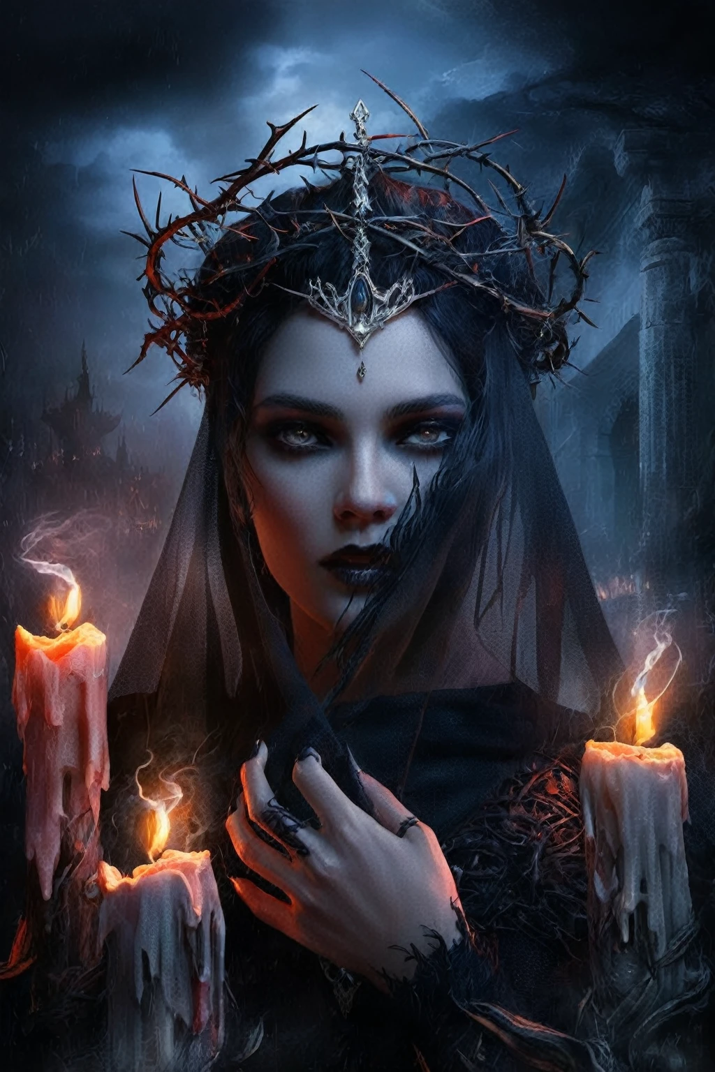 a woman with a crown of thorns holding candles in her hands, gothic fantasy art, dark fantasy style art, dark fantasy art, in style of dark fantasy art, priestess of the damned, gothic maiden of the dark, fantasy dark art, dark fantasy mixed with realism, gothic maiden, dark fantasy portrait, gothic maiden shaman, dark fantasy digital art