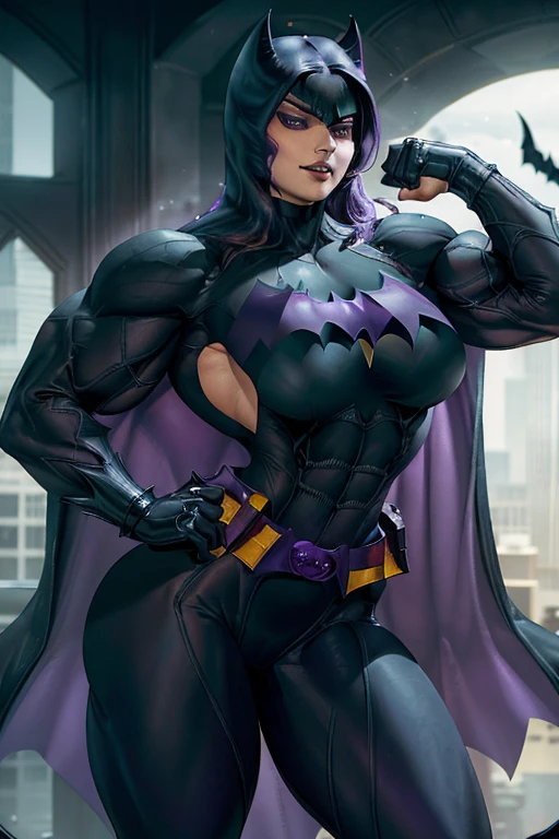 (((Close-up))), tall, (violet hair) beautiful muscular woman, (long hair with long bangs), pale white skinned, closed smile, large breast, (black lipstick), (massive muscles), (hyper muscle), ((ginormous bulky muscles)), black eyes, ((((violet batwoman suit, cape)))), (((Batwoman pants with belt))), gauntlets, choker, boots, (in gotham city)